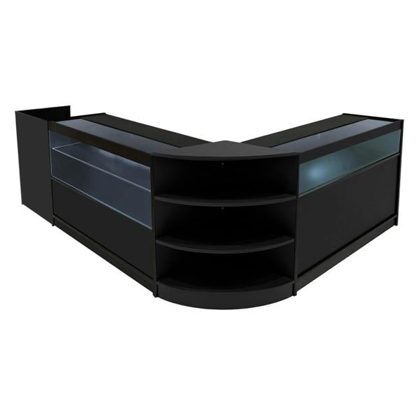 Black Europa LED Shop Counter Set featuring sleek glass display sections, curved edges, and open shelving for versatile storage