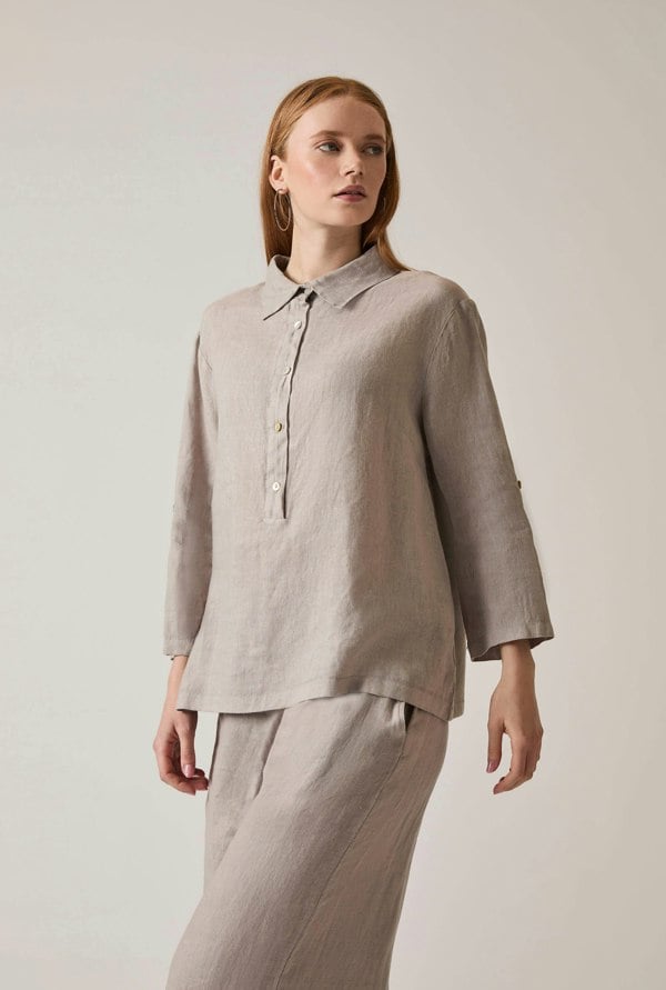 Taupe linen blouse with button front and roll tabs