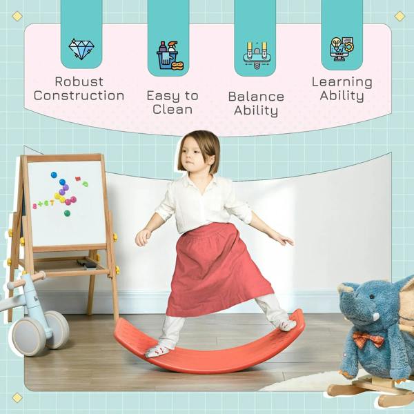 Red curved balance board for kids, shown with child stepping onto the textured surface