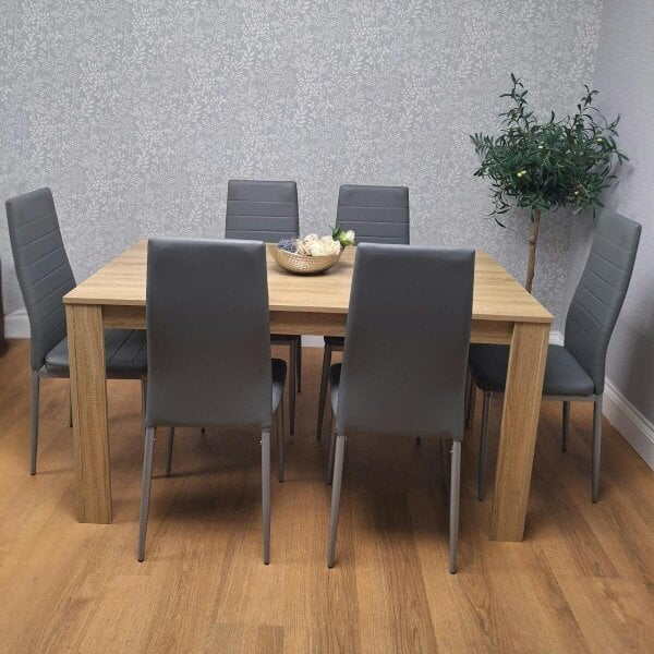 Kosy Koala Oak Effect Dining Table Set With 6 Grey Faux Leather Chairs Dining Room Furniture