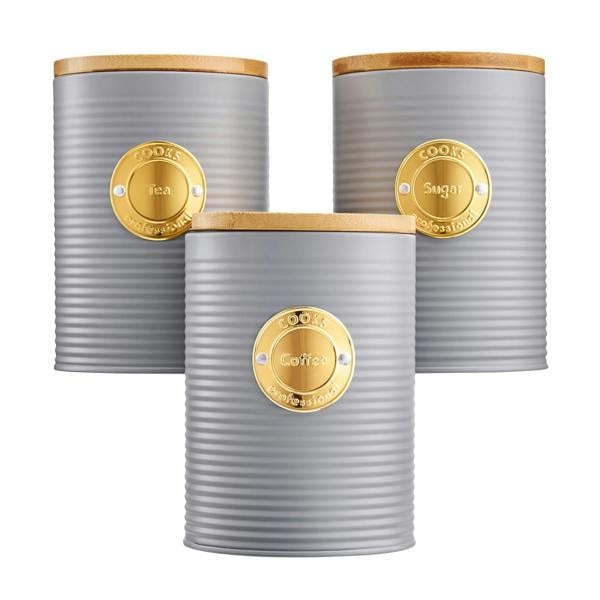 Cooks Professional 3 Piece Kitchen Storage Set with Bamboo Lids | Grey / Gold