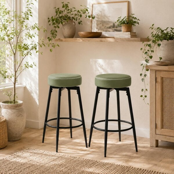 Wyld Haus Rivali Faux Leather Green And Black Bar Stools Set Of 2 With Footrests