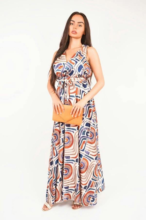 Nalani V Neck Sleeveless Maxi Dress With Tie Waist - Beige
