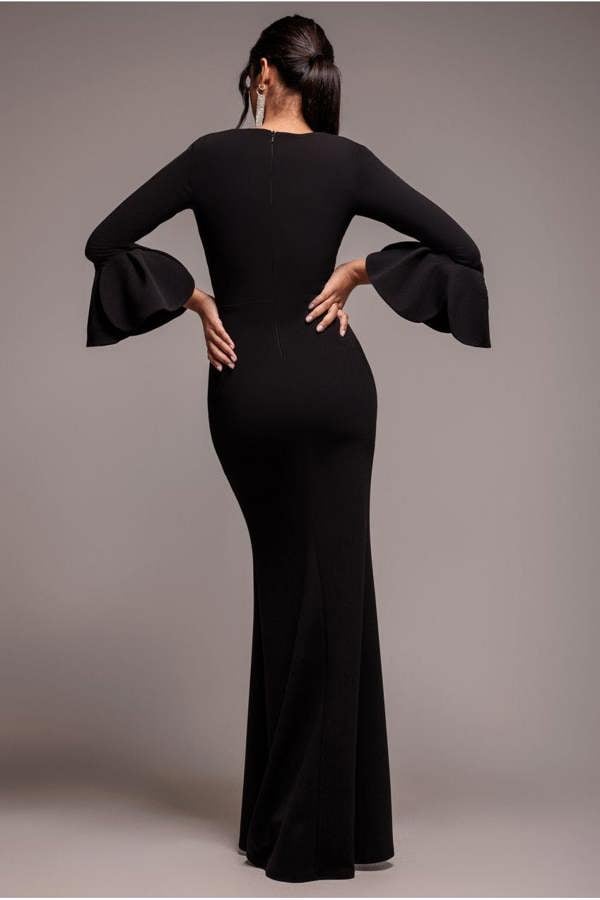 Petal Bow Sleeve Frill Maxi Dress - Black DR4767