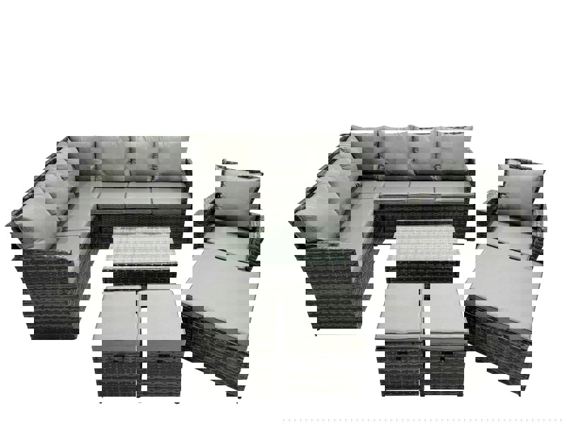 Fimous 10 Seat Poly Rattan Outdoor Patio Coffee Table Corner Sofa Set with 3 Stools Chair for Garden Backyard Dark Grey Mixed