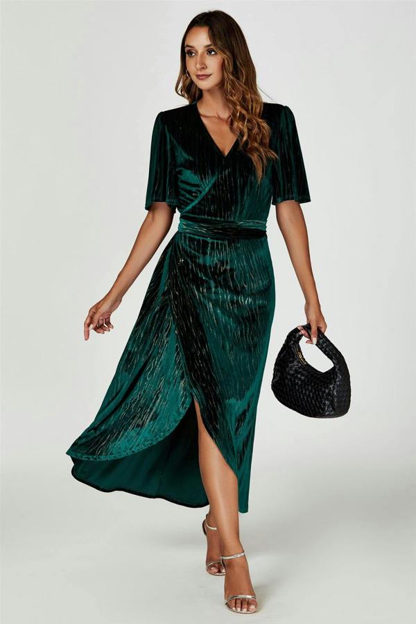 FS Collection Gold Foil Velvet Wrap Maxi Dress In Green