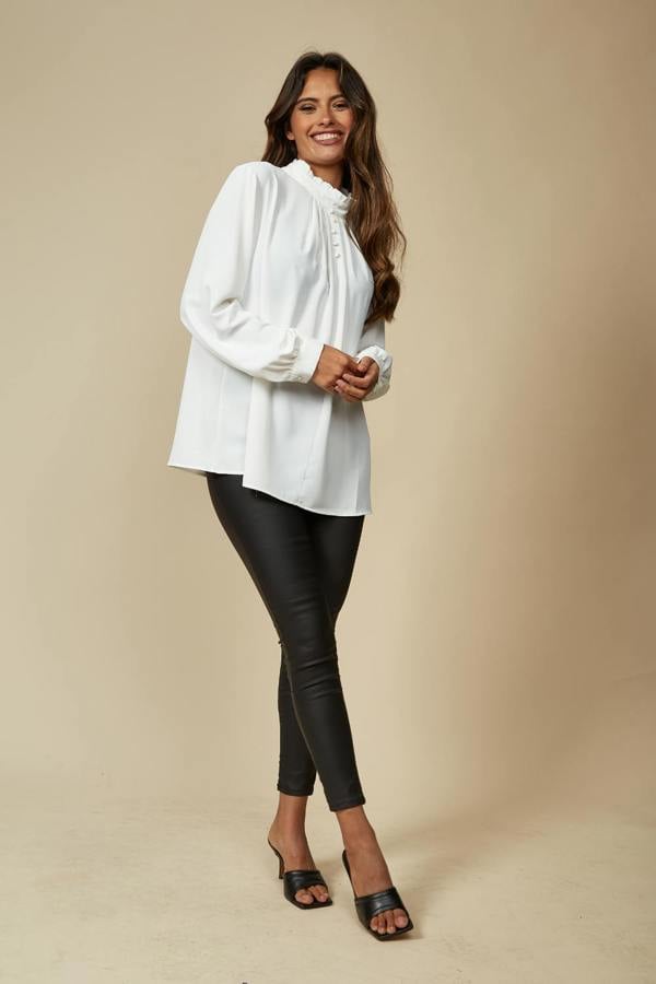 Hoxton Gal Oversized Ruffle Neck Top with Long Sleeves in White