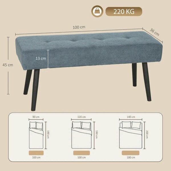 Upholstered Bedroom Entryway Bench, Modern Corduroy Tufted End of Bed Bench with Padded Seat and Steel Legs, Blue
