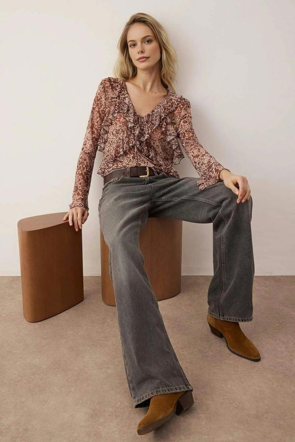WOVCOR Animal Print Tulle Knit Blouse with Ruffled Tie Detail