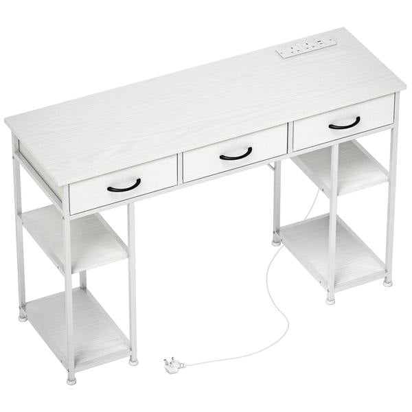 White computer desk with 3 drawers and open storage shelves