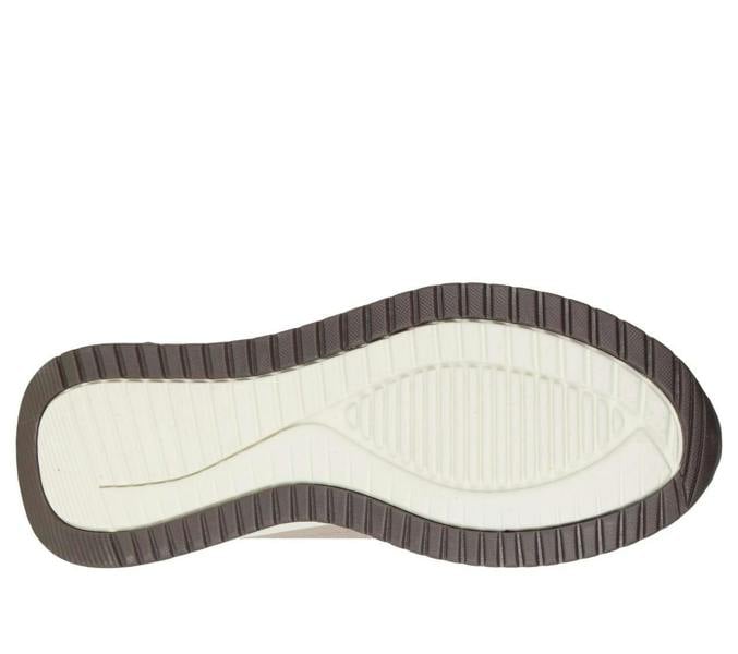 Skechers Bobs Squad 4 Chaos Mens Slip-Ins Casual Trainers, close-up of the shoe sole showing a combination of dark brown and cream rubber with textured grip patterns for comfort and durability.