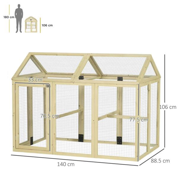 Large wooden chicken run with wire mesh side panels and frame, shown with size measurements
