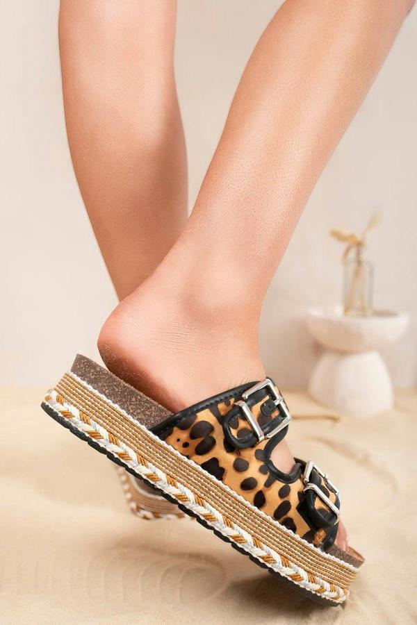 Nora Double Buckle Platform Espadrille Sliders - Leopard