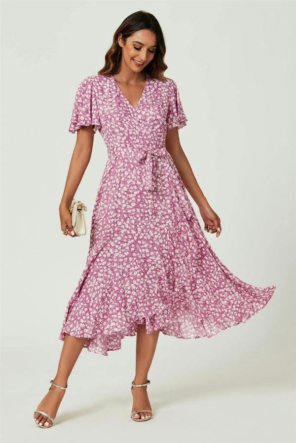 FS Collection Floral Print Midi Wrap Dress In Pink