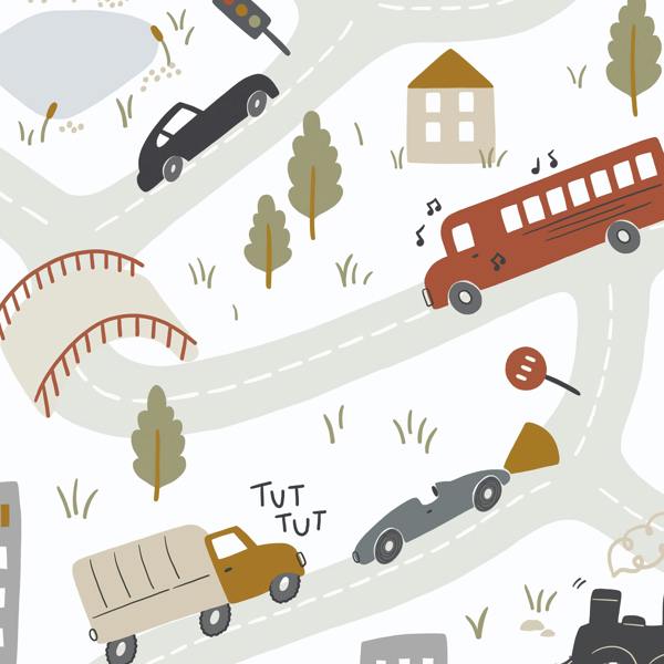 Roomblush Nursery Cars 6 Lane Repeatable Wallpaper Mural 300 x 285cm, Red Grey