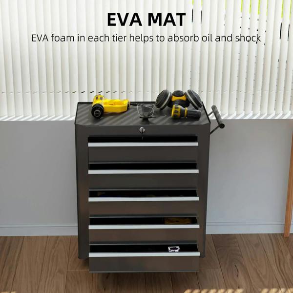 Black 5-drawer tool chest with drawer liners, top handle, and lockable front
