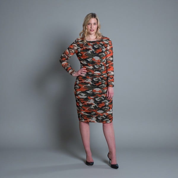 Women's Mid Size Orange Green Grey Camouflage Bodycon Midi Dress styled with black heels for a modern, stylish look.