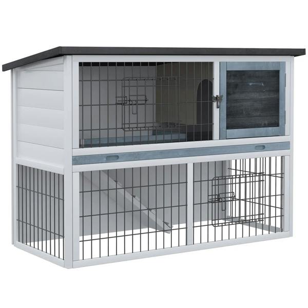 Grey two-tier wooden small animal hutch with front mesh panels and dark roof