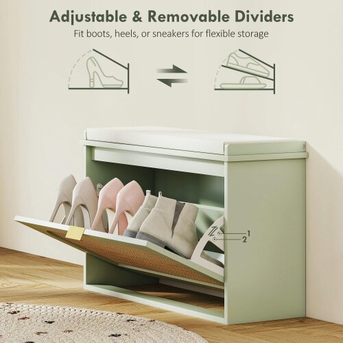 Wyld Haus Rikena Coyo Wooden Light Green Boho Style Shoe Bench With Cushioned Seat And Flip Drawer