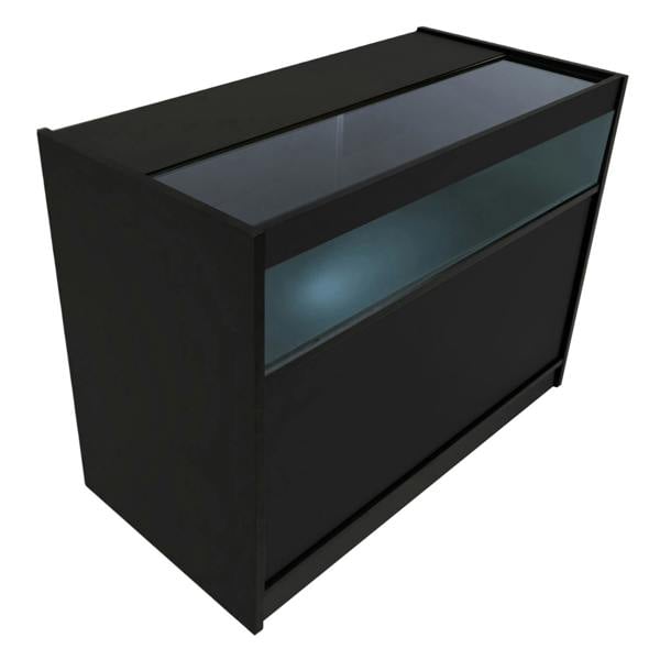 Sleek black Hyperion LED shop counter set with glass display top, featuring a modern design and illuminated storage area