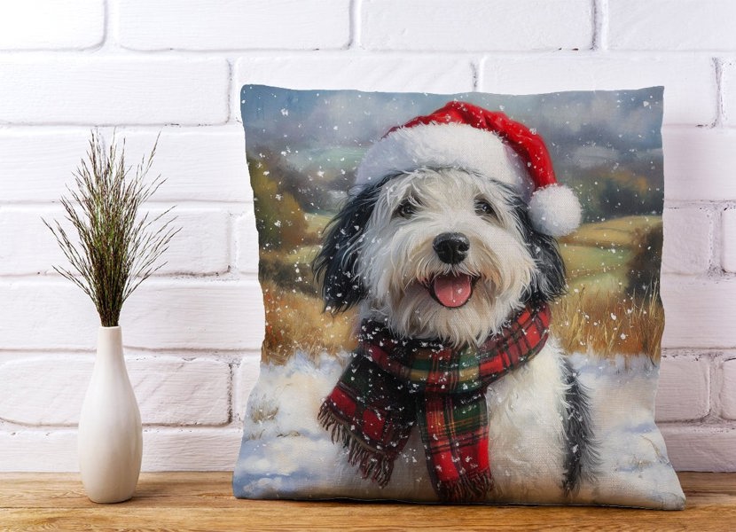 Warren Reed Snowy Christmas Old English Sheepdog Cushion