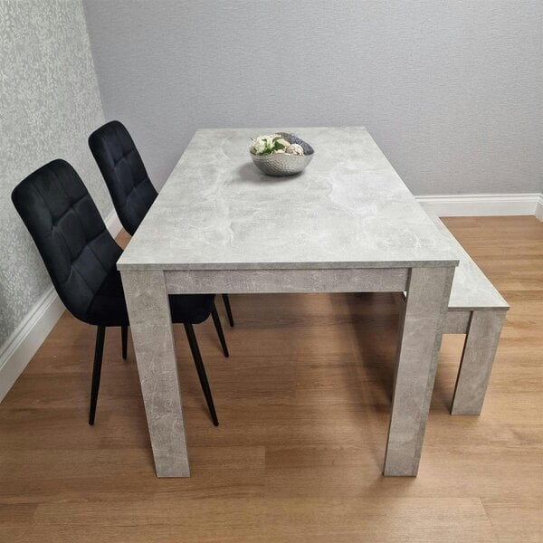Kosy Koala Dining Table with 2 Black Velvet Chairs and 1 Stone Grey Bench Dining Room Furniture