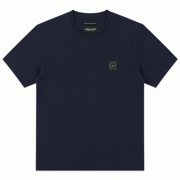 Navy blue Marshall Artist Siren crew neck t-shirt with a small black logo patch on the chest.