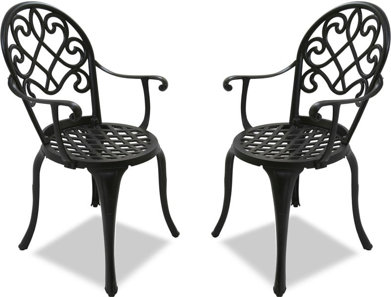 Centurion Supports Prego 2-Large Garden and Patio Bistro Chairs with Armrests in Cast Aluminium Black - Assembled