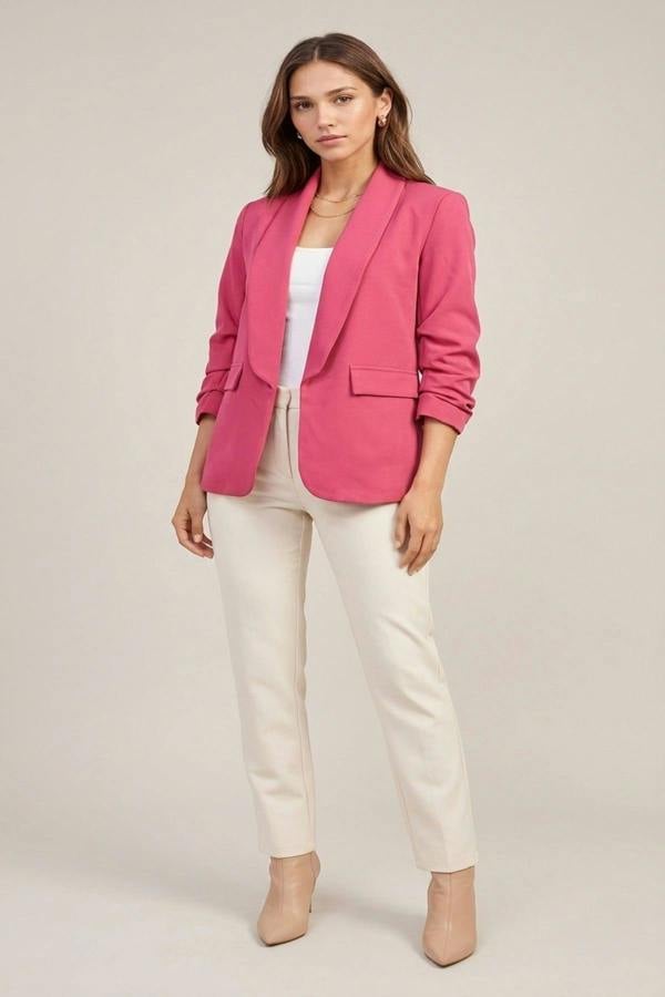 Valerie Ruched Sleeve Open Front Blazer Jacket With Front Pockets - Fuschia