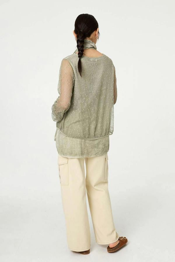Khaki | Sparkly Mesh Scarf Detail Layered Top