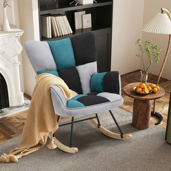 3ft Patchwork Upholstered Rocking Chair with Wooden Skates Rocking Chairs Living and Home