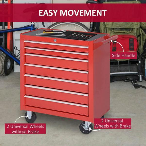 Red 7-drawer tool cabinet on wheels with side handle and caster brakes