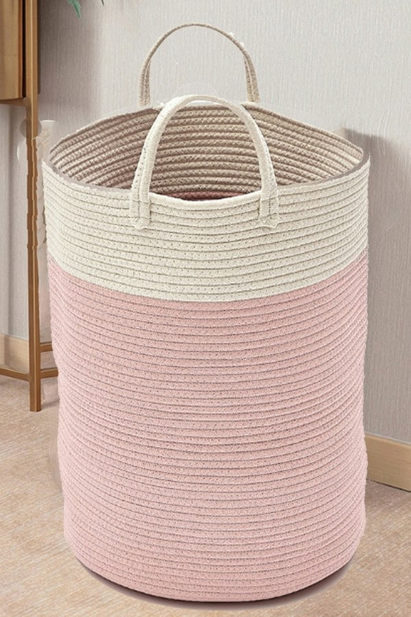 Living and Home 63L Woven Cotton Rope Laundry Hamper Basket Toys Storage with Handlers Pink 50cm H