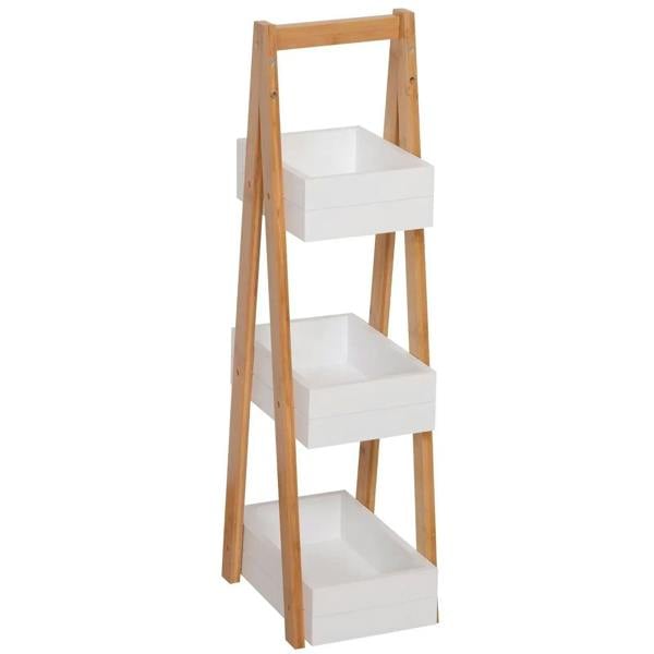 3-tier freestanding shower caddy with white storage shelves and bamboo ladder frame