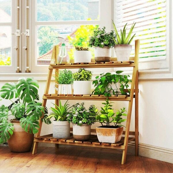 Bobobiy Wooden Folding Flower Pot Stand 3 Tier Garden Planter Display Ladder Gardener Storage Shelves Rack Herb Holder (80L x 37W x 93H cm) - Brown