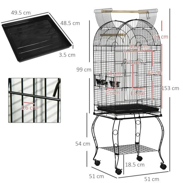 Black bird cage on wheeled stand with metal frame and door, with size diagram