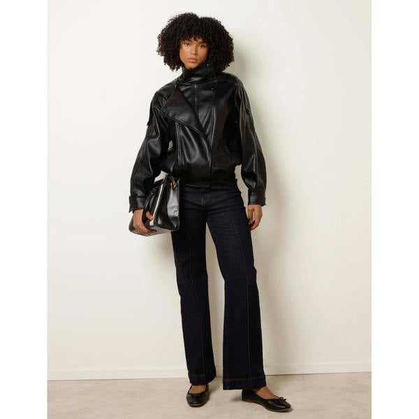 Blue Vanilla High Collar Faux Leather Jacket - Black