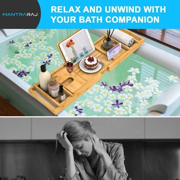 MANTRARAJ Bamboo Bath Tray Extendable Bath Caddy Trays for Bathtub Accessories with Tablet Slots Candle Cup Holder