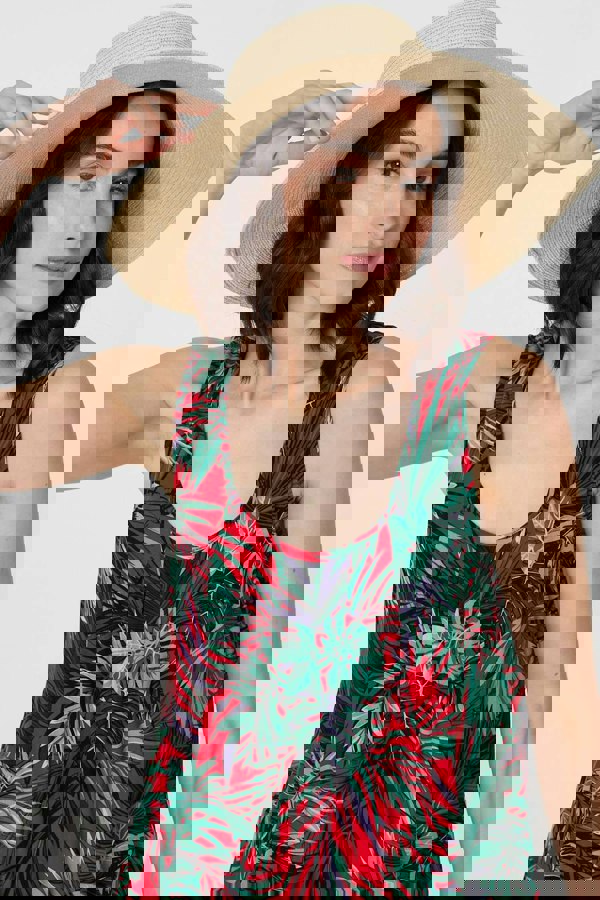 Red | Leaf Print Sleeveless Tunic Dress