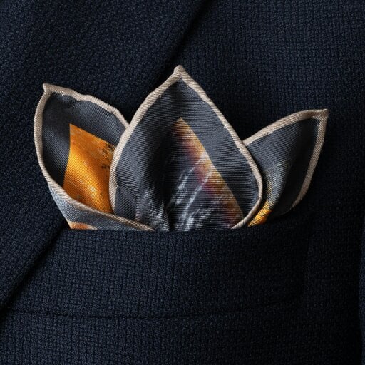 Otway & Orford 'Muscle Car' silk pocket square in green & orange (42 x 42cm)