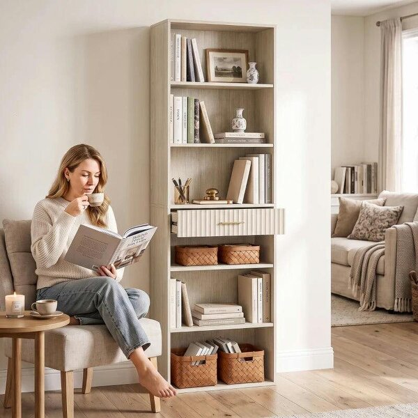 Bookcase Narrow Tall Space-Saving Bookshelf Drawer Open Shelves 60 x 24 x 182 cm Oak Wood Effect