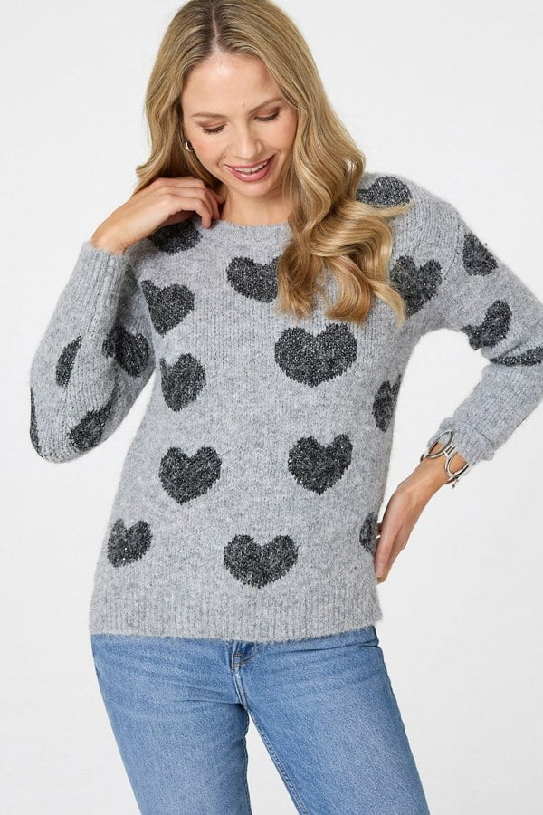 Grey | Heart Print Texture Drop Shoulder Jumper

