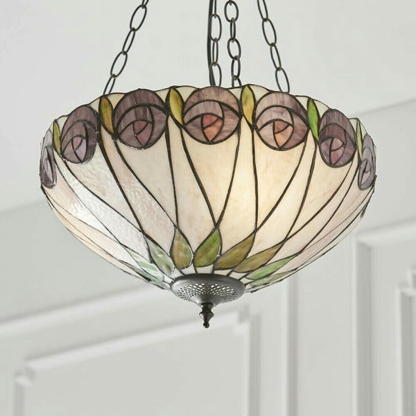 Tiffany Glass 3 Light Pendant - Mackintosh Style Rose - Dark Bronze Finish Loops