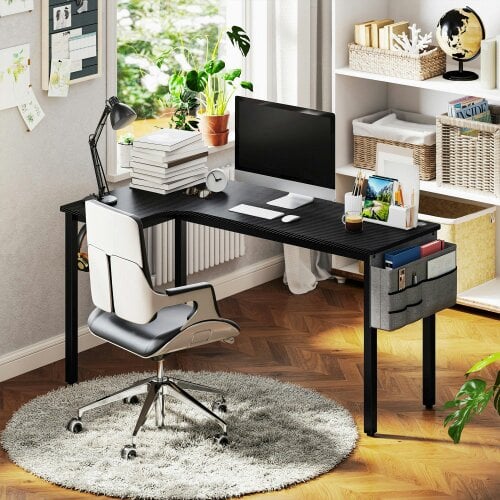 Wyld Haus Monotta 145cm Metal Black L Shaped Gaming Desk With Cable Management Fabric Storage and Hooks