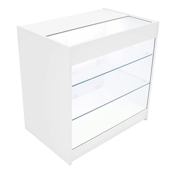 Helios LED shop counter set in white, featuring a sleek design with glass shelves and a modern, minimalist aesthetic