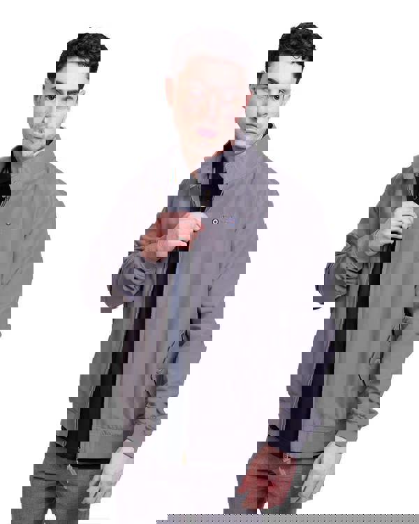 Lambretta Mens ShowerProof Classic Harrington MOD Scooter Jacket Coat, front view of a male model wearing a grey waterproof Harrington-style jacket with a raised collar and a zip-up front.