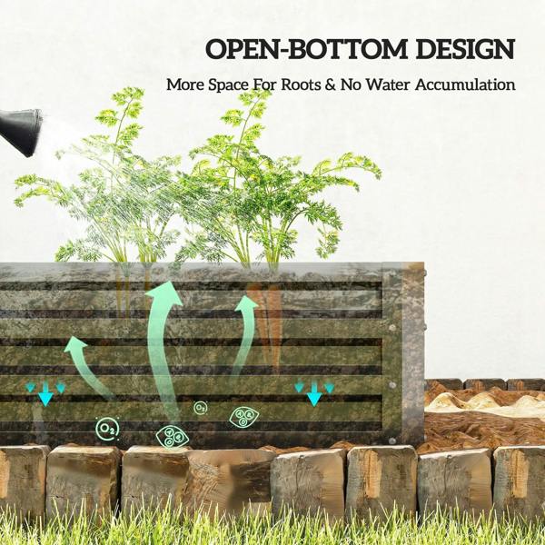 Open-bottom slatted raised garden bed for herbs and vegetables, root-friendly