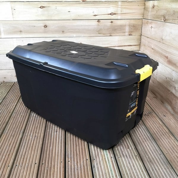 Samuel Alexander 145L Heavy Duty Trunk on Wheels Sturdy, Lockable, Stackable and Nestable Design Storage Chest with Clips in Black