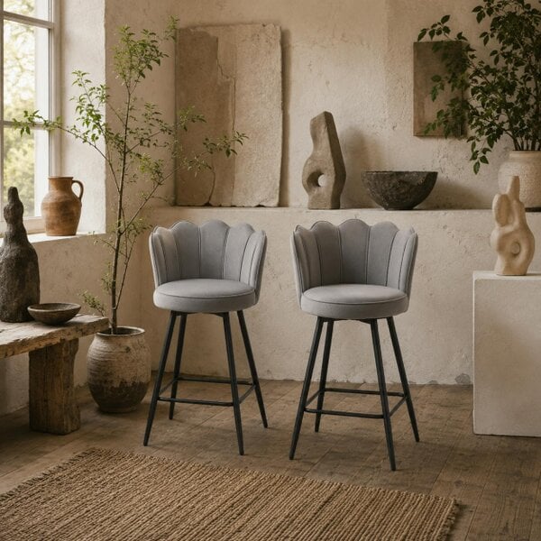 Wyld Haus Ramette Velvet Grey Lotus Style Bar Stools Set Of 2 With Sculpted Seat