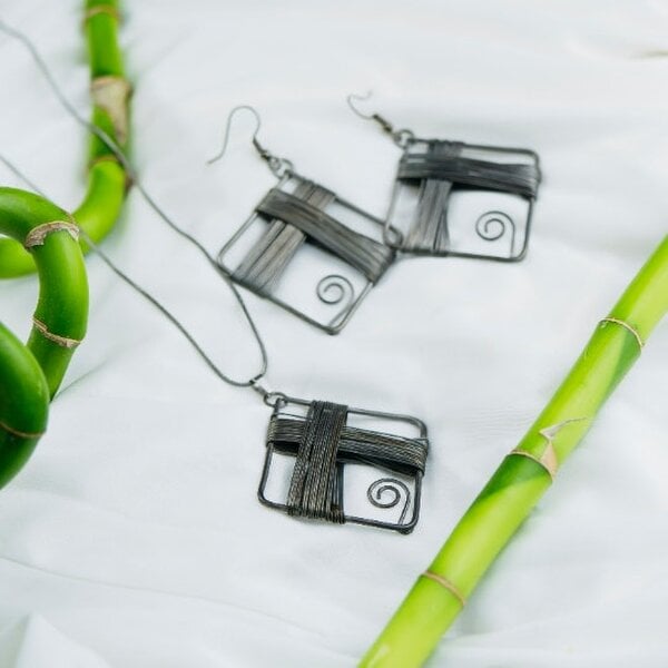 The Colourful Aura Black Square Wire Wrapped Statement Vintage Dainty Rectangle drop Corded Earring